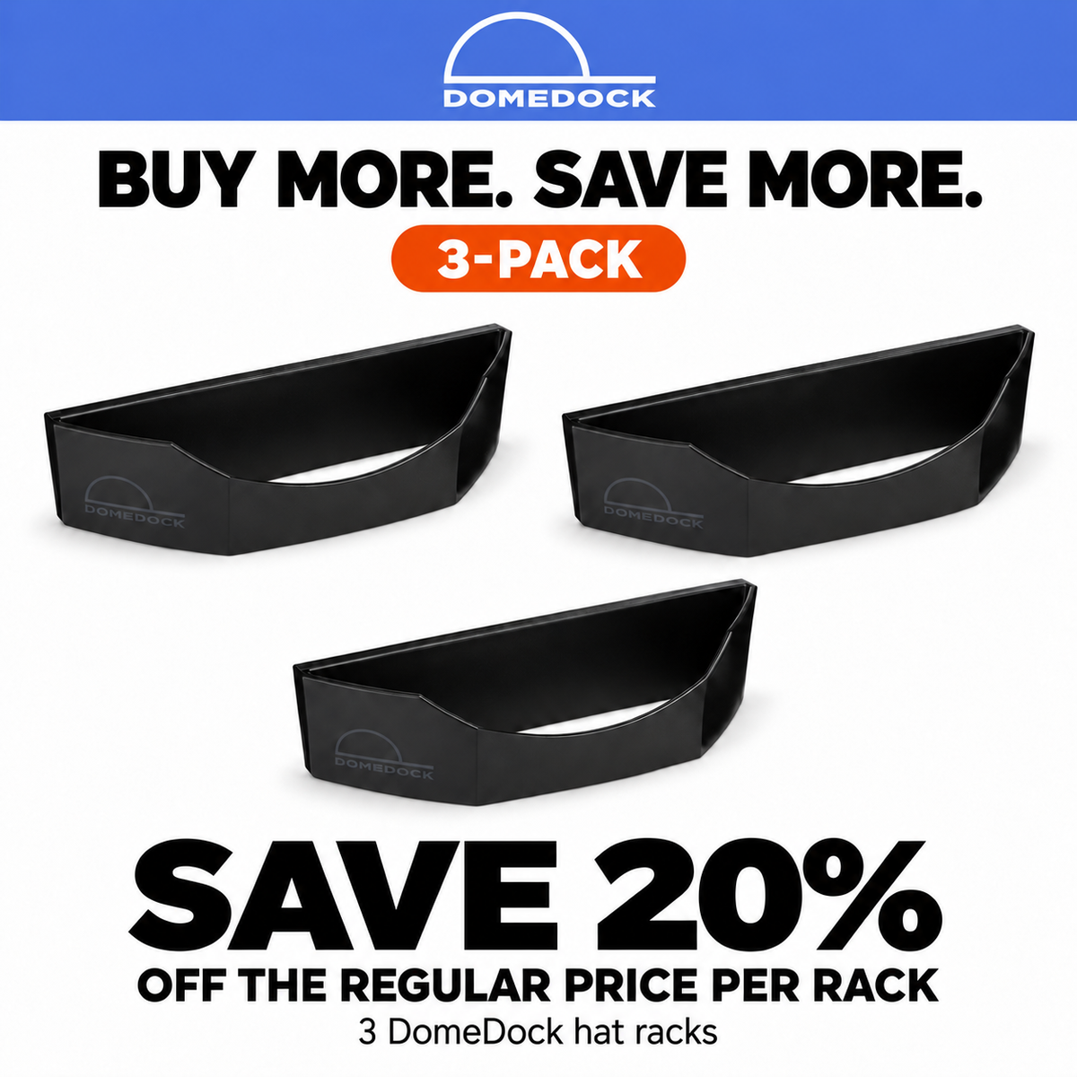 DomeDock Original Wall-Mounted Hat Organizer – Black – 3-Pack (Stores Up to 60 Hats) | SAVE 20%