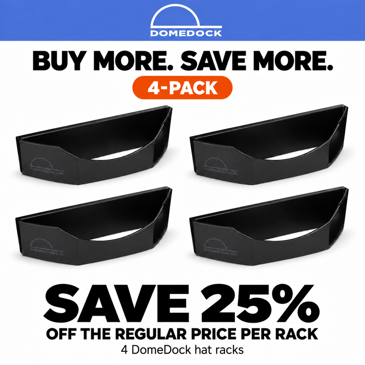 DomeDock Original Wall-Mounted Hat Organizer – Black – 4-Pack (Stores Up to 80 Hats) | SAVE 25%
