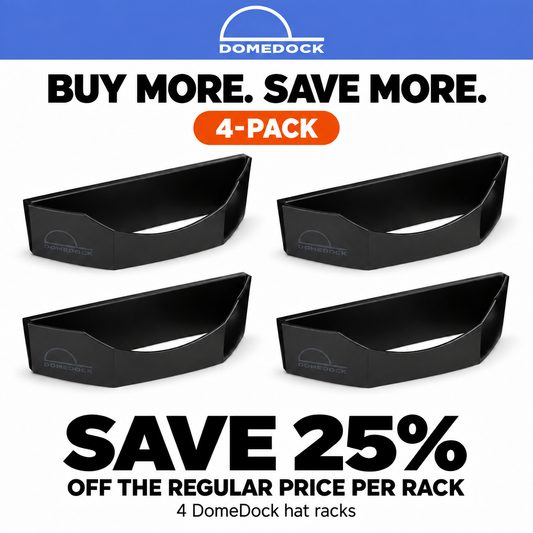 DomeDock Original Wall-Mounted Hat Organizer – Black – 4-Pack (Stores Up to 80 Hats) | SAVE 25%