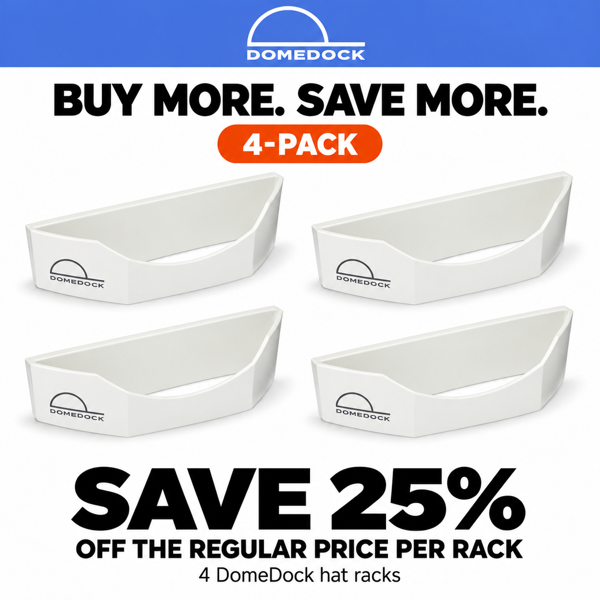 DomeDock Original Wall-Mounted Hat Organizer – White – 4-Pack (Stores Up to 80 Hats) | SAVE 25%